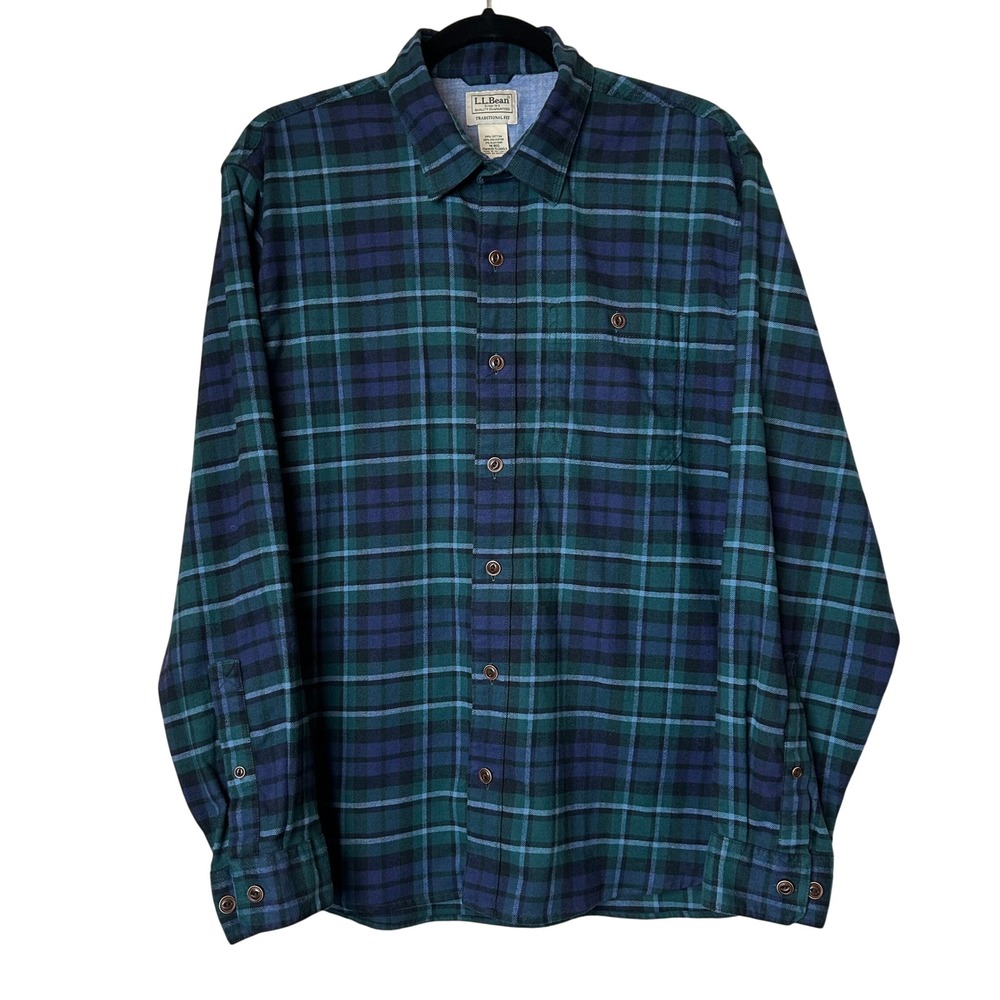 LL Bean Mens Outdoors Traditional Fit Plaid Flannel Shirt Green Blue Heritage M